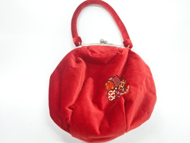 赤い花柄ハンドバッグと草履セット 赤い花柄刺繍の和装用バッグと